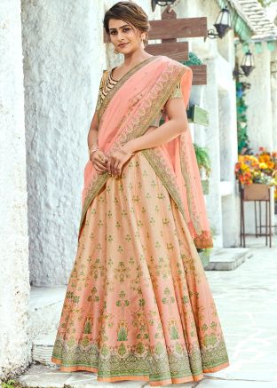 Beige and Peach Shaded Digital Floral Printed Lehenga Choli