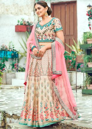 Cream Digital Floral Printed Lehenga Choli With Dupatta