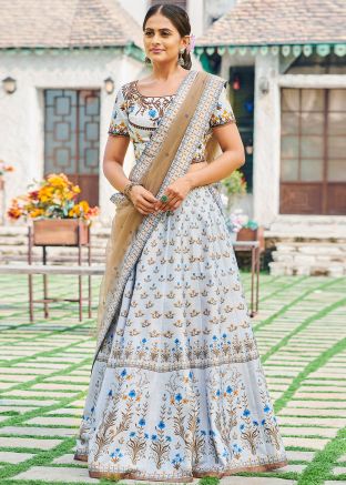 Grey Floral Digital Printed Silk Lehenga Choli 