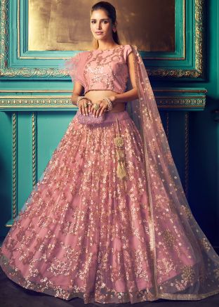 Pink Ruffled Style Sequins Embellished Lehenga Choli