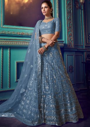 Blue Embroidered Net Lehenga Choli With Dupatta