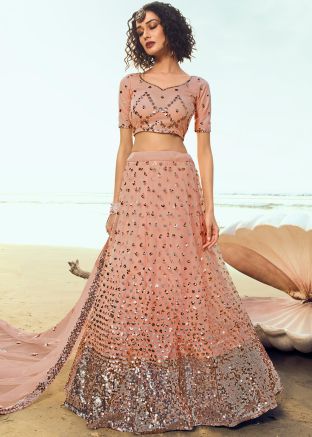 Peach Sequins Embellished Lehenga Choli With Dupatta