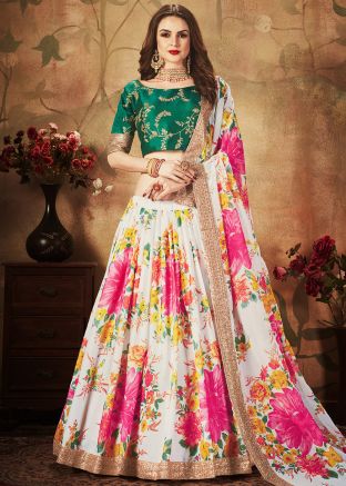 White Floral Digital Printed Organza Silk Lehenga Choli