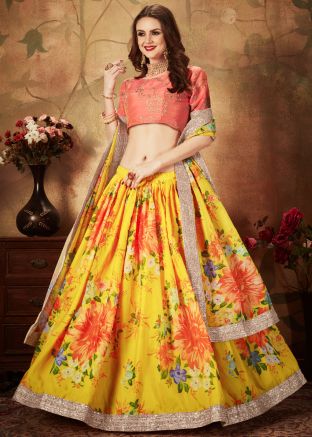 Yellow Floral Digital Printed Organza Silk Lehenga Choli