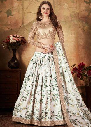 White Floral Digital Printed Organza Silk Lehenga Choli