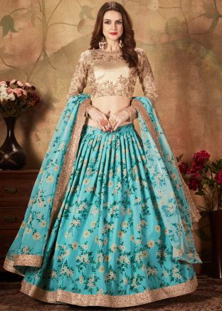 Blue Digital Floral Printed Lehenga Choli With Dupatta