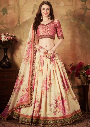 Cream Floral Digital Printed Organza Silk Lehenga Choli