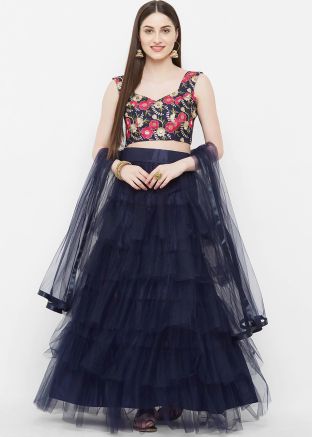 Navy Blue Net Ruffled Lehenga Choli With Dupatta