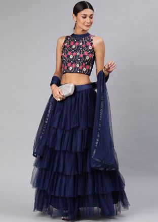 Navy Blue Multi Tiered Style Ruffled Lehenga Choli