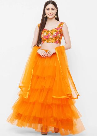 Orange Tiered Style Ruffled Lehenga Choli With Dupatta