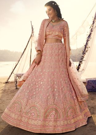 Peach Embroidered Mirror Work Lehenga Choli With Dupatta
