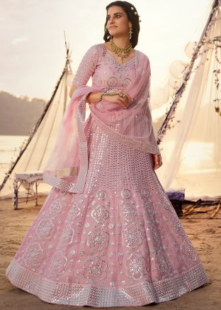 Pink Embroidered Mirror Work Lehenga Choli With Dupatta