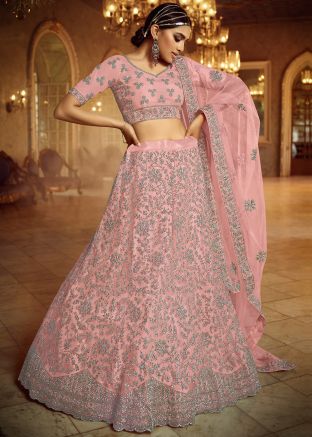 Pink Net Embroidered Bridal Lehenga Choli