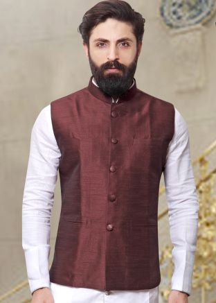 Dark Brown Plain Silk Nehru Jacket