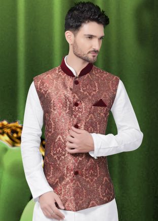Maroon Woven Jacquard Nehru Jacket