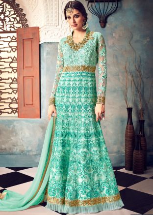 Sea Green Net Abaya Style Salwar Kameez