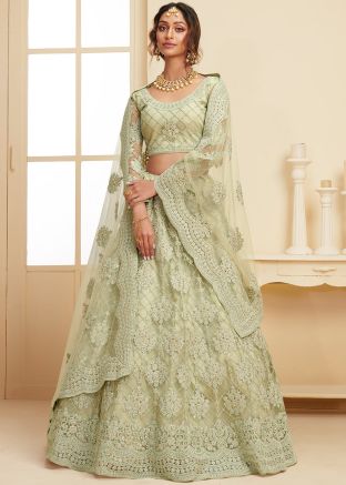 Green Embroidered Net Lehenga Choli With Dupatta