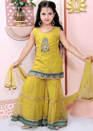 Yellow Embroidered Readymade Kids Sharara Suit