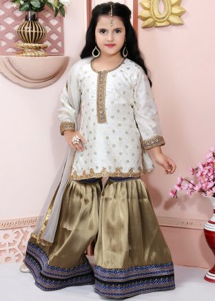 White Chanderi Embroidered Readymade Kids Gharara Suit