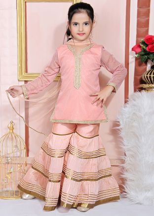 Peach Readymade Embroidered Straight Cut Kids Gharara Suit