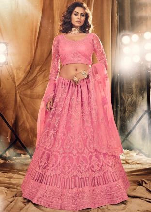 Embroidered Pink Lehenga Choli In Net