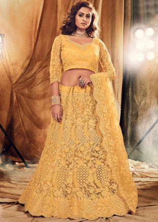 Yellow Embroidered Net Lehenga Choli & Dupatta