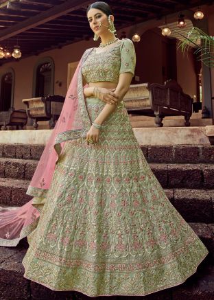 Bridesmaid Green Georgette Embroidered Lehenga Choli