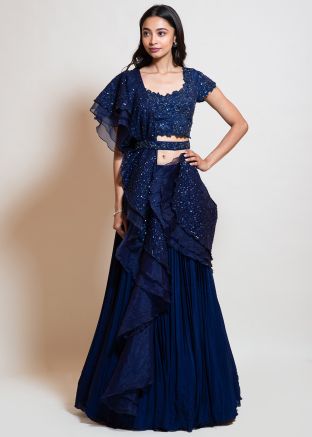 Navy Blue Embellished Readymade Pleated Lehenga Choli