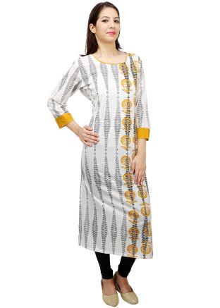 White Printed Readymade Cotton Long Kurta