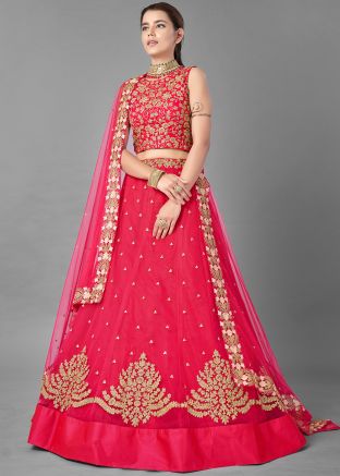 Red Embroidered Festive Lehenga Choli In Net