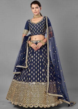 Navy Blue Mirror Work Lehenga In Silk
