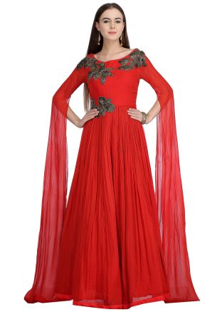 Readymade Cape Sleeved Embellished Red Gown