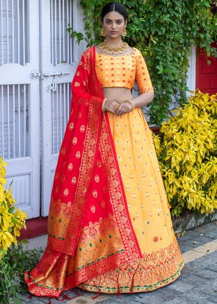 Yellow Woven Art Silk Jacquard Lehenga Choli