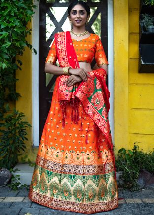 Orange Jacquard Woven Lehenga Choli With Dupatta