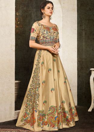 Beige Art Silk Digital Print Indo Western Gown