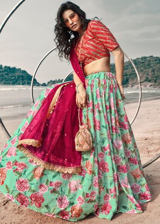 Green Floral Print Lehenga Choli With Dupatta