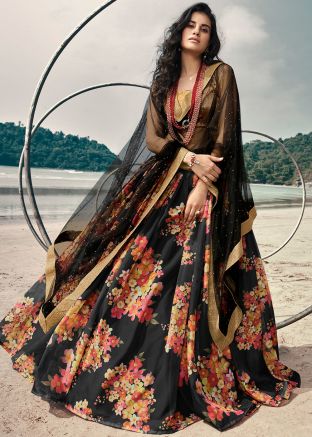 Black Floral Patrywear Organza Lehenga Choli