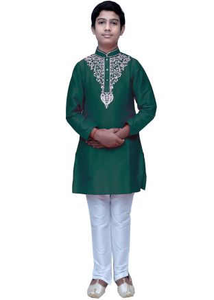 Green Embroidered Readymade Kids Kurta With Churidar
