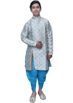 Off White Woven Angrakha Slit Style Kids Kurta Dhoti Set
