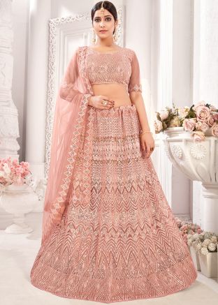Peach Sequins Embroidered Net Lehenga Choli With Dupatta