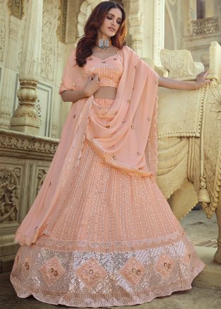 Peach Sequins Embellished Lehenga Choli In Georgette