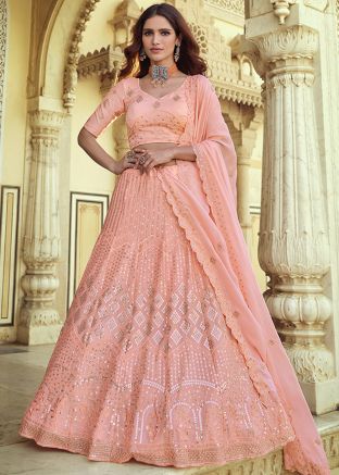 Peach Embroidered Georgette Lehenga Choli
