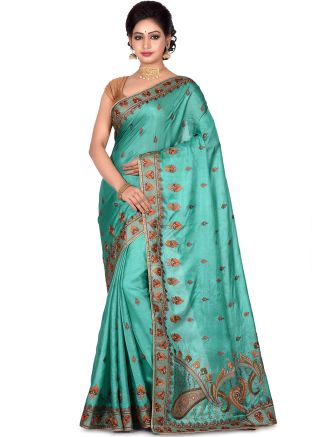 Turquoise Pure Silk Embroidered Saree