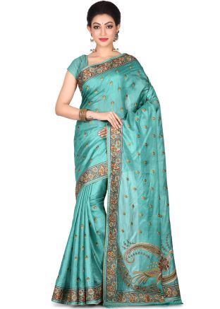 Turquoise Pure Silk Embroidered Saree