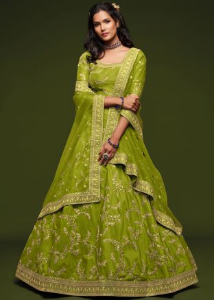 Neon Green Embroidered Lehenga Choli In Art Silk