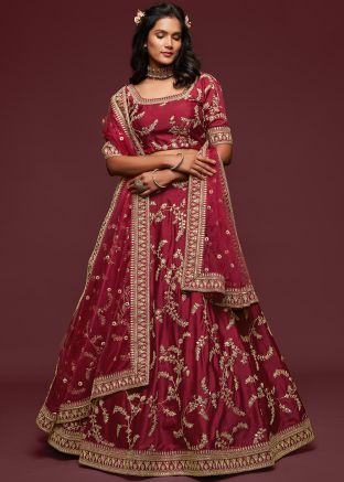Maroon Dori Embroidered Silk Lehenga Choli