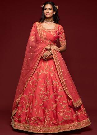 Bridesmaid Peach Embroidered Silk Lehenga Choli