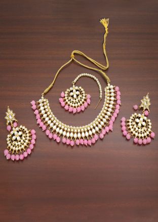 Stone Studded and Pearl Beaded Pink Necklace Set
