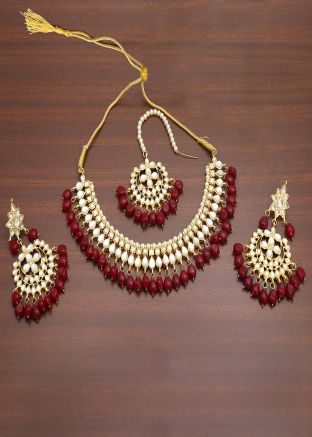 Pearl Beaded and Stone Studded Maroon Necklace Set