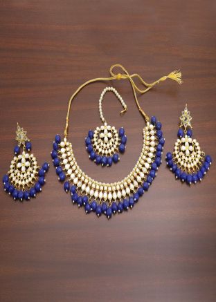 Stone Studded and Pearl Beaded Blue Necklace Set